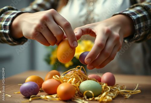 Participants enjoy a lively Easter egg knocking game, showcasing vibrant colors and playful interaction around a warm, friendly atmosphere.