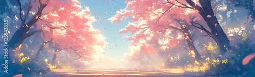 A dreamy watercolor painting depicting a misty cherry blossom scene in soft hues.