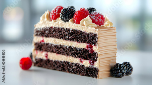 Delicious chocolate cake with berries, creamy frosting, on white surface, blurred background, perfect for food blogs