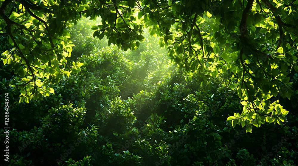 Obraz premium Sunlight Through Lush Green Forest Canopy