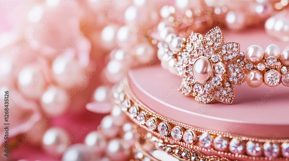 Elegant jewelry adorns a pink surface creating a luxurious scene Elegant jewelry adorns a pink surface creating a luxurious scene