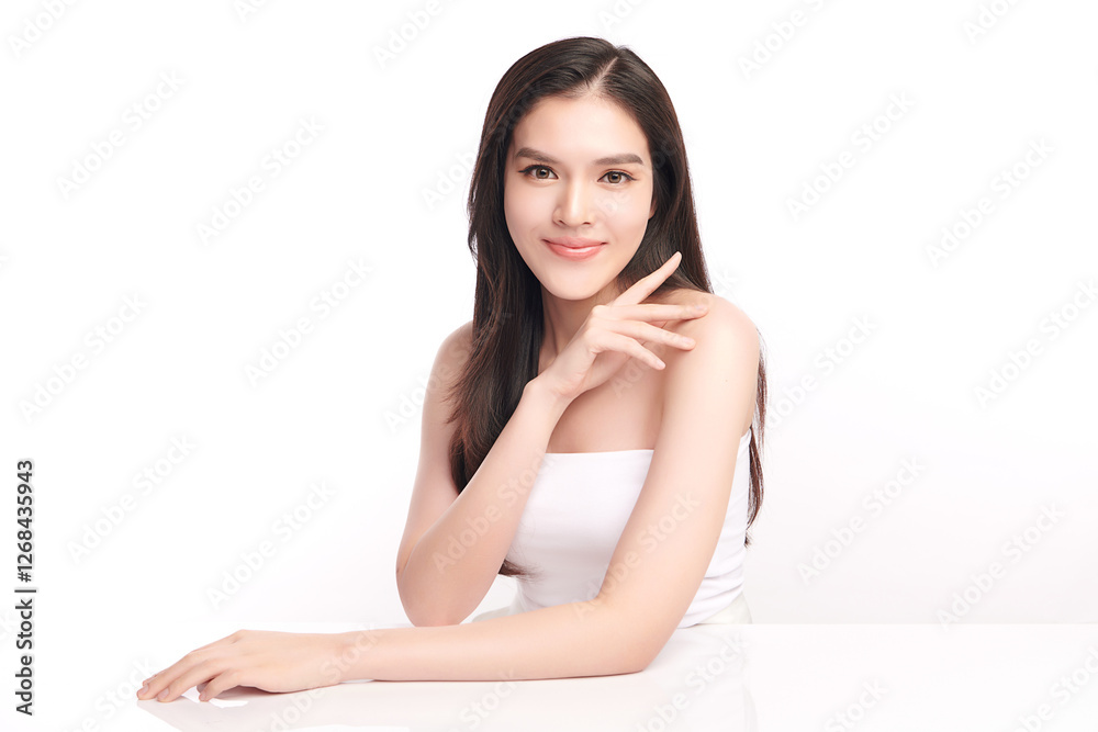 Beautiful young asian woman with clean fresh skin on white background, Face care, Facial treatment, Cosmetology, beauty and spa, Asian women portrait.