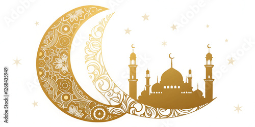 Ornate golden crescent moon with an intricate mosque design – a beautiful Ramadan Mubarak greeting card with a festive touch