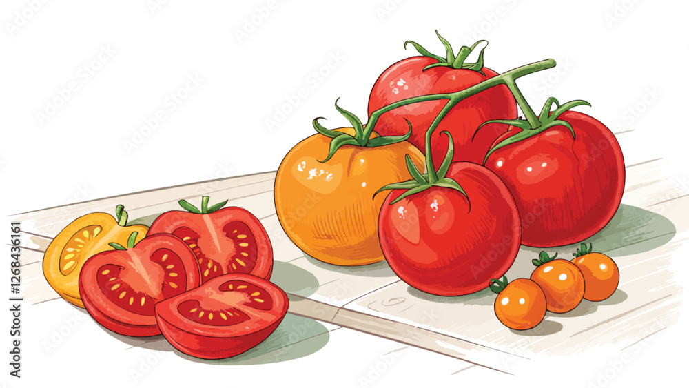 Fototapeta premium Tomato with Tomato Slice on table in white background Illustration vector design, Red Tomato Illustration vector design
