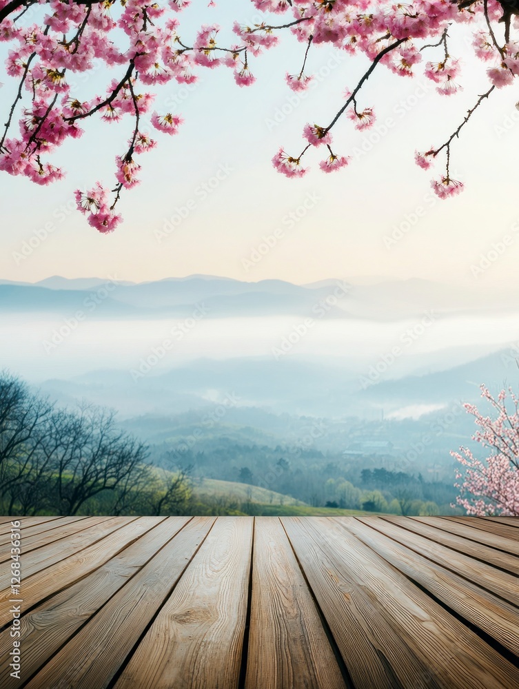 Spring background with a wooden floor and a blooming cherry tree branch at the top, a panoramic view of a spring valley landscape with foggy hills at sunrise