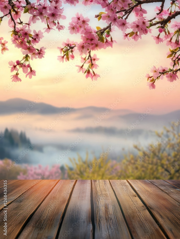 Spring background with a wooden floor and a blooming cherry tree branch at the top, a panoramic view of a spring valley landscape with foggy hills at sunrise Spring background with a wooden floor and a blooming cherry tree branch at the top, a panoramic view of a spring valley landscape with foggy hills at sunrise