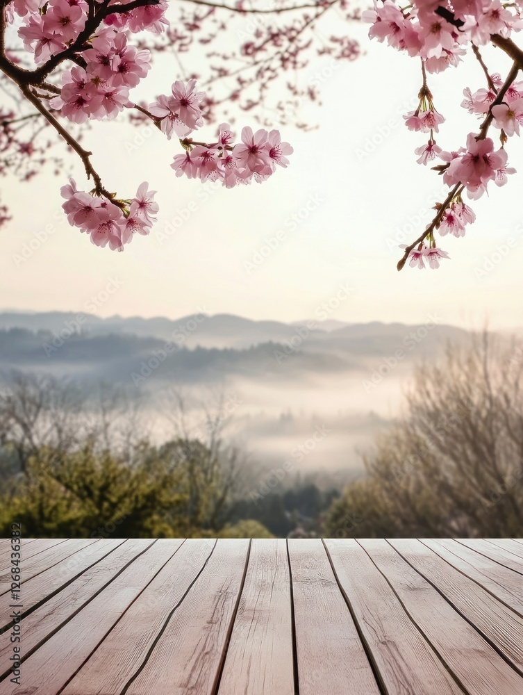 Spring background with a wooden floor and a blooming cherry tree branch at the top, a panoramic view of a spring valley landscape with foggy hills at sunrise Spring background with a wooden floor and a blooming cherry tree branch at the top, a panoramic view of a spring valley landscape with foggy hills at sunrise