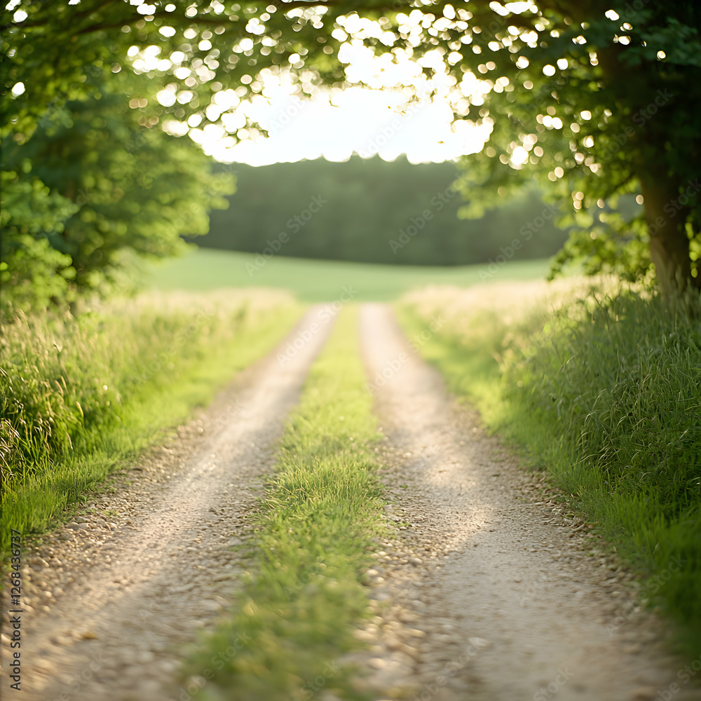 Fototapeta premium Sunlit Country Path Through Green Fields