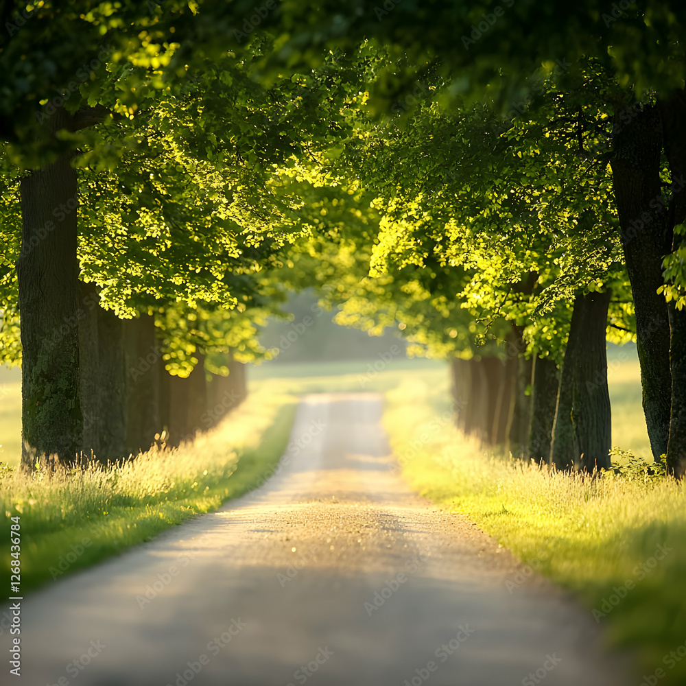 Obraz premium Sunlit Country Road Lined with Lush Green Trees