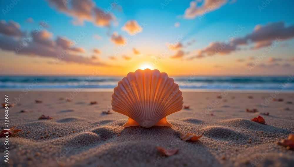 Seashell Framing Sunset on a Tranquil Beach Seashell Framing Sunset on a Tranquil Beach