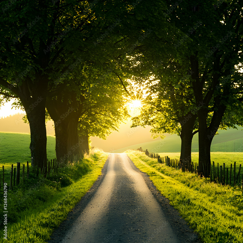 Obraz premium Sunlit Country Road Through Green Trees