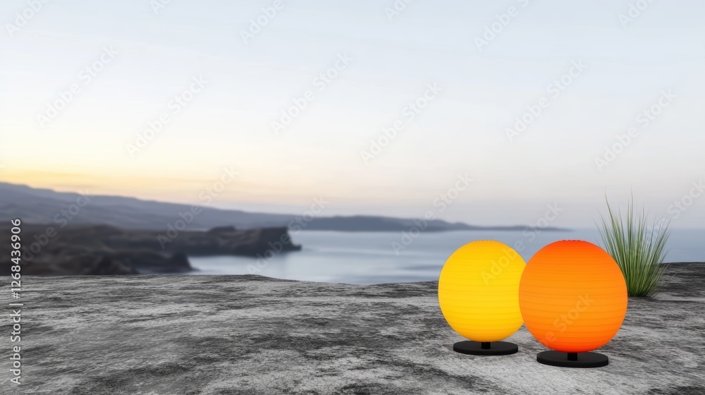Two colorful lamps on a rocky surface with a serene landscape in the background. Two colorful lamps on a rocky surface with a serene landscape in the background.