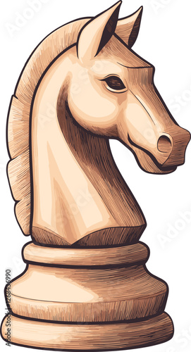 Intricately carved wooden chess knight piece cartoon isolated on transparent background. Vector illustration.