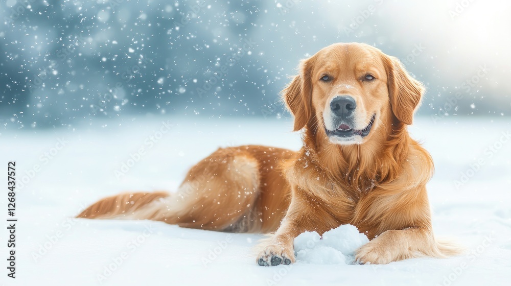 A golden retriever lies peacefully in the snow, surrounded by a serene winter landscape, capturing the essence of a cozy, snowy day. A golden retriever lies peacefully in the snow, surrounded by a serene winter landscape, capturing the essence of a cozy, snowy day.