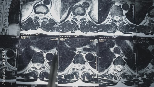 Spine MRI axial view examination, doctor pointing at vertebrae cross sections on medical lightbox, diagnostic imaging analysis, close up