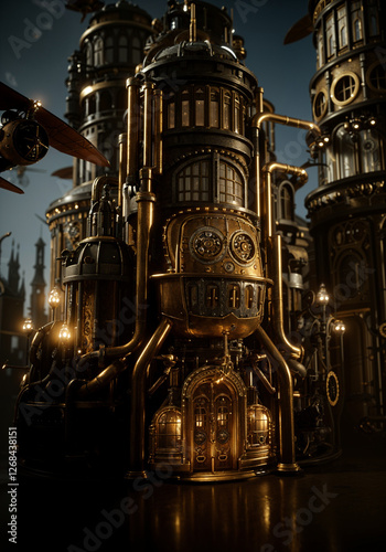A steampunk city poster, with intricate details, flying machines, brass tones, and moody shadows.