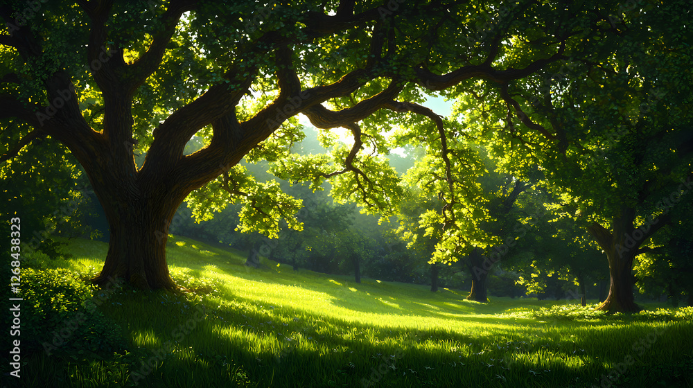 Sunlit Forest Landscape with Lush Green Trees Sunlit Forest Landscape with Lush Green Trees