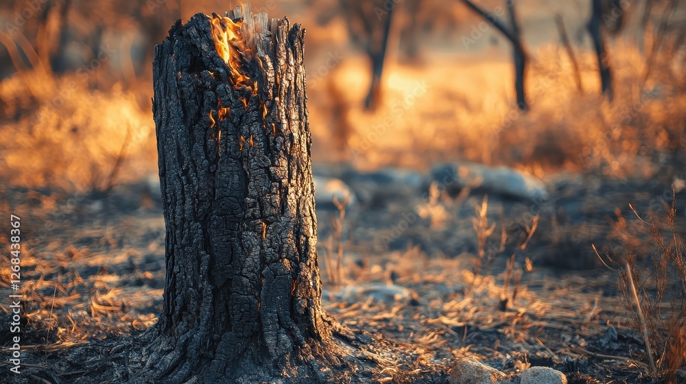 Obraz premium Burning Tree Stump in Charred Landscape After Wildfire in Autumn Season