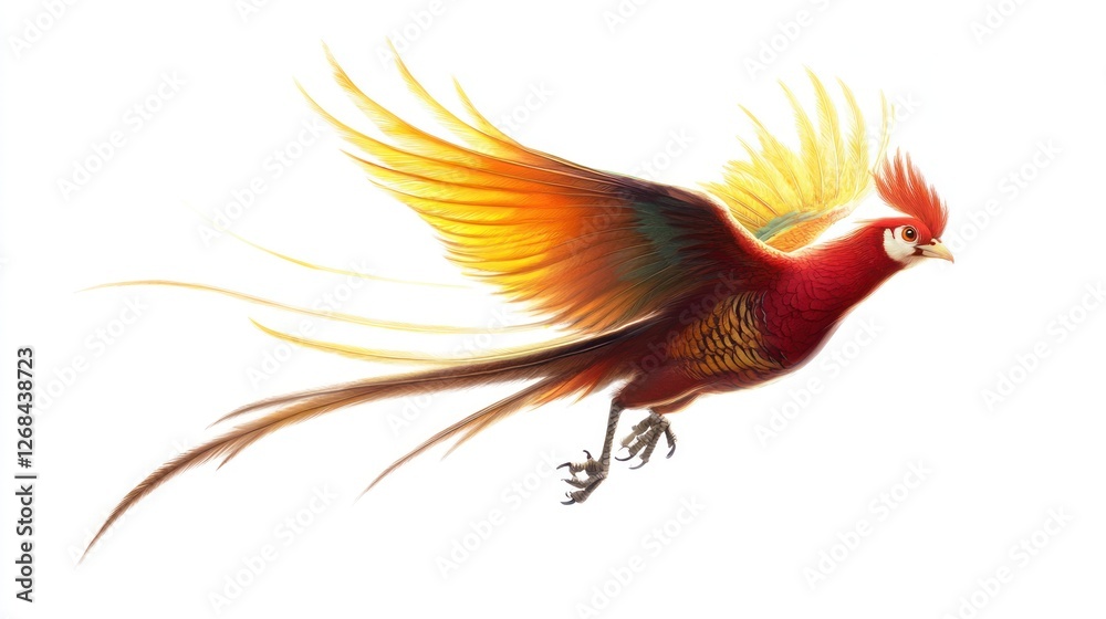 Obraz premium Red-gold pheasant bird in flight, isolated on white.