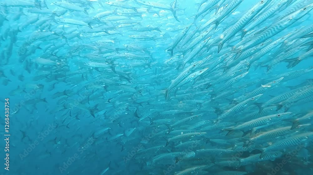 A close-up view from within a dense school of barracudas (Sphyraena), moving in unison, showcasing their streamlined bodies and silver-blue scales. Filmed at Sail Rock, Thailand.