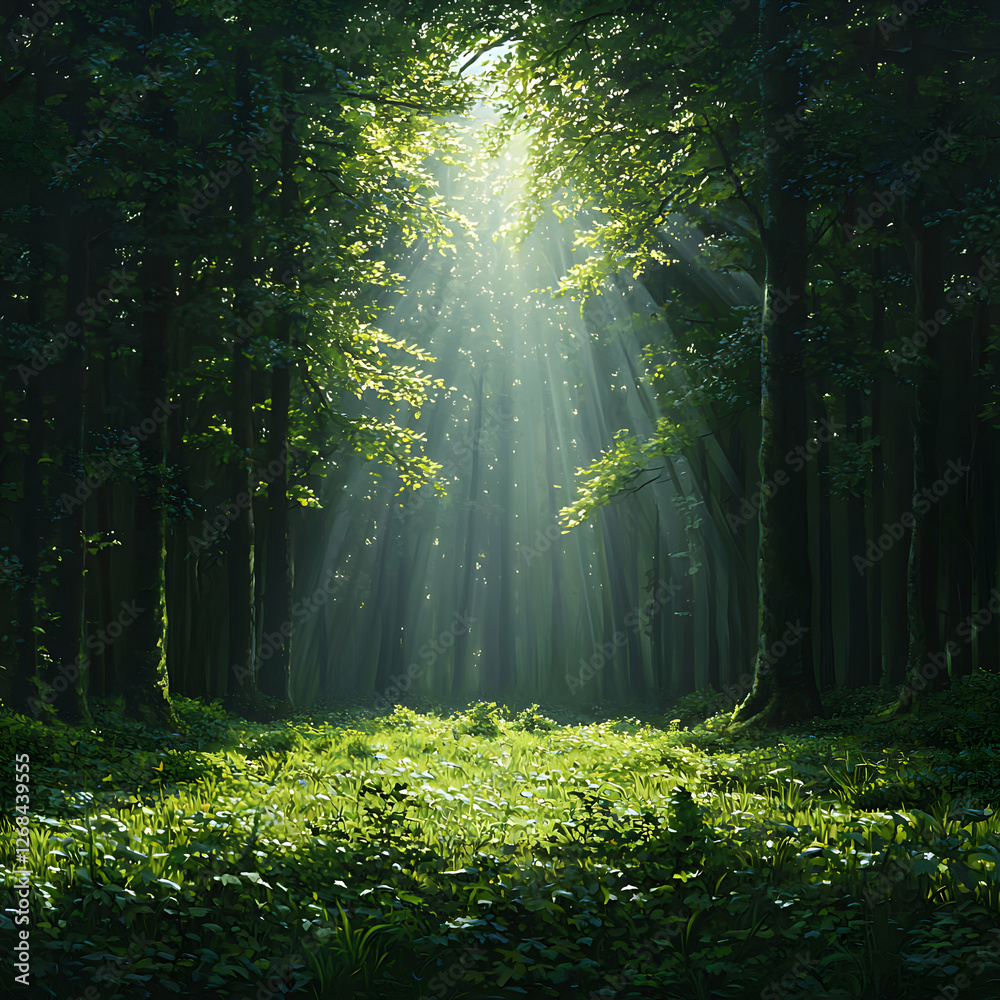 Fototapeta premium Sunlit Forest Path: Green Trees and Peaceful Atmosphere
