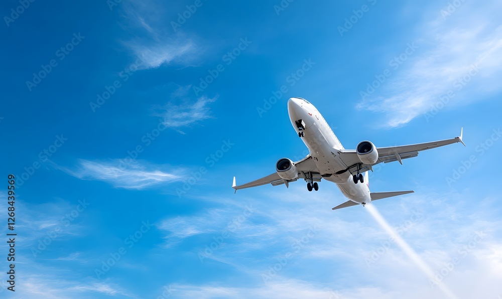 a silver airplane flies high in the blue sky and leaves a white trail. Generative AI a silver airplane flies high in the blue sky and leaves a white trail. Generative AI