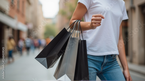 Young woman with shopping bags walking on street during sunny day enjoying leisure time in urban setting while showcasing modern lifestyle choices