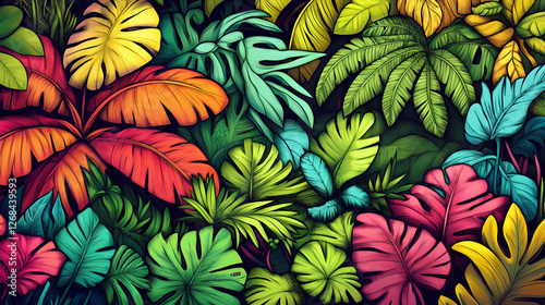 Wallpaper Mural Colorful Tropical Leaves – Vibrant Foliage Illustration Torontodigital.ca