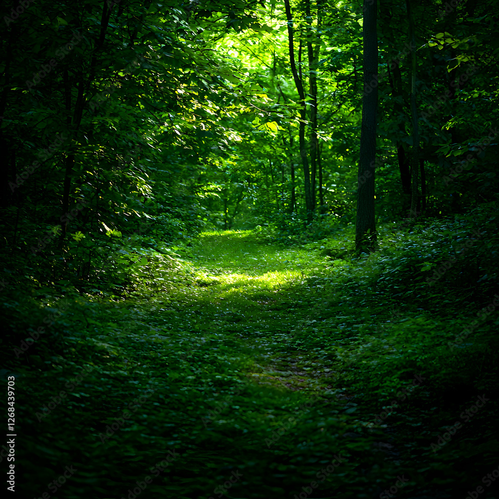 Obraz premium Sunlit Forest Path: Lush Green Canopy and Tranquil Atmosphere