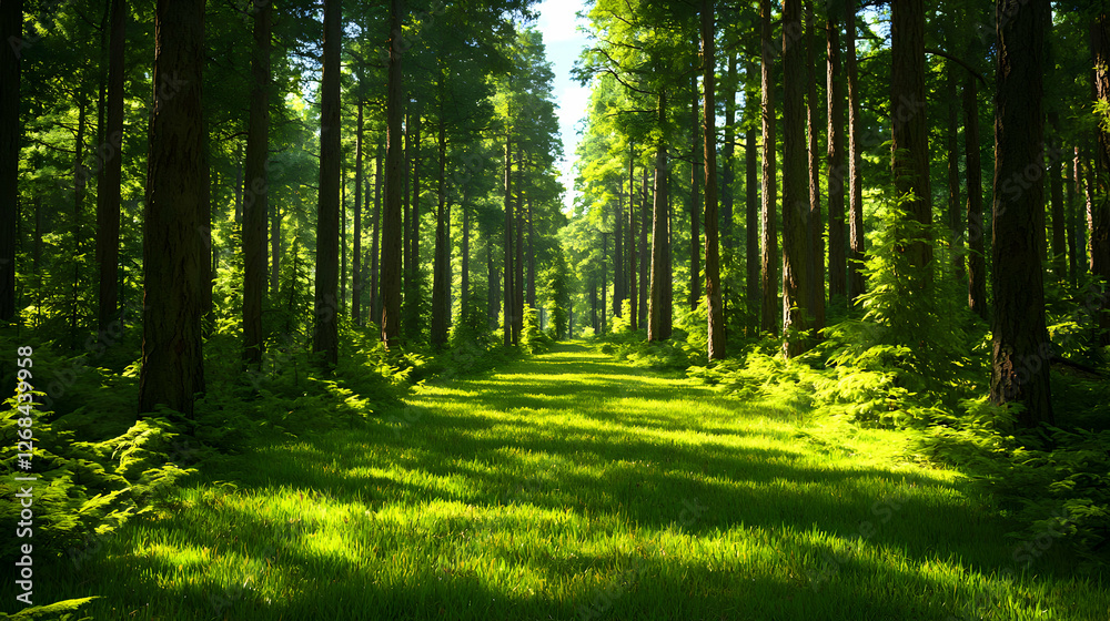 Fototapeta premium Sunlit Forest Path: Lush Green Trees and Bright Sunlight
