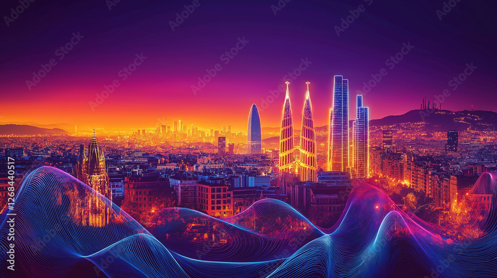 Obraz premium Abstract artistic representation of the Barcelona skyline, glowing neon outlines of famous buildings against a background of dark purple and orange gradient sky