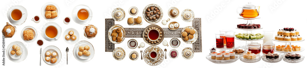 Set of a festive table set for Eid with tea and desserts, isolated on a transparent background. Set of a festive table set for Eid with tea and desserts, isolated on a transparent background.
