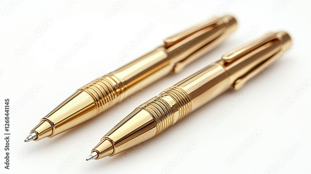 Two elegant gold pens arranged side by side on a light background. Two elegant gold pens arranged side by side on a light background.