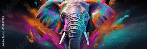 Colorful elephant digital art with vibrant splashes of paint. Abstract wildlife illustration. Creative animal portrait with neon colors. Modern artistic design concept. photo