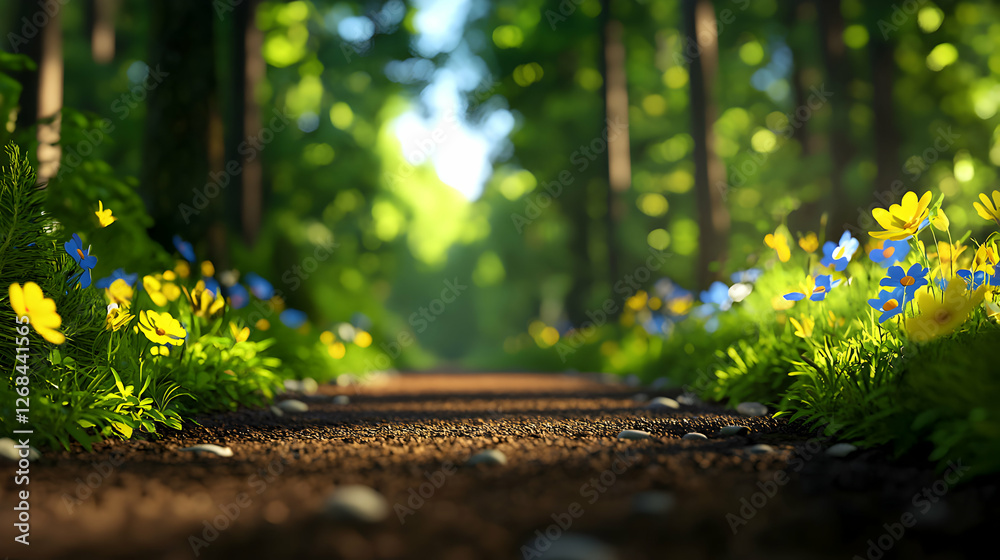 Sunlit Forest Path with Blooming Blue and Yellow Flowers Sunlit Forest Path with Blooming Blue and Yellow Flowers