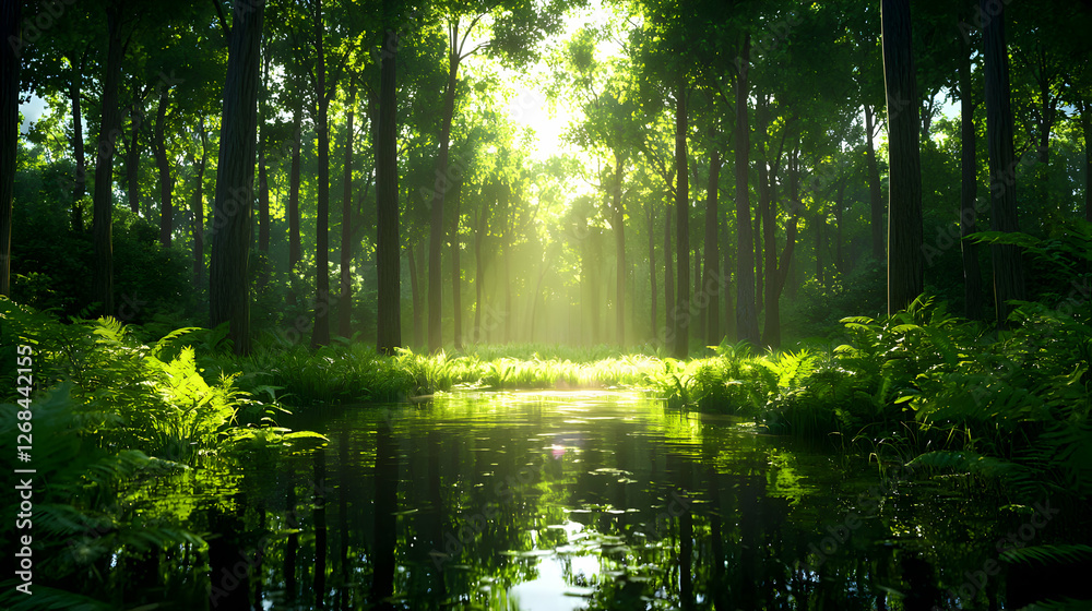 Obraz premium Sunlit Forest Path with Green Trees and Calm Water