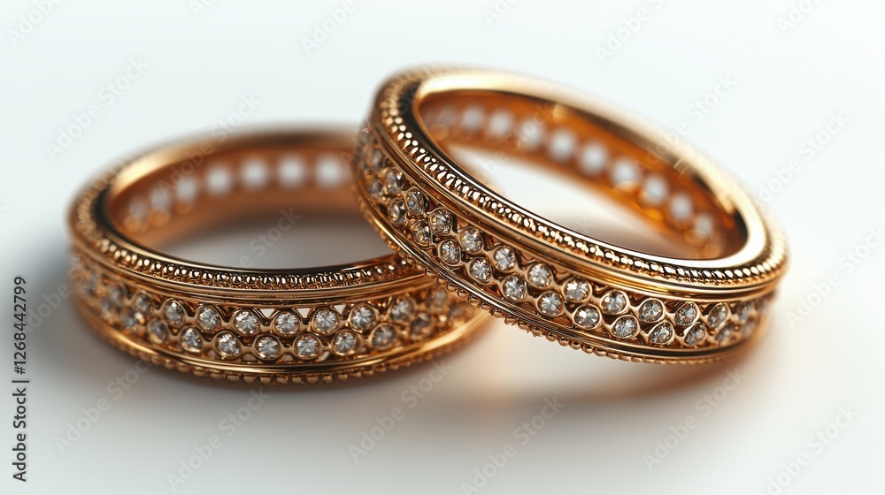 Two elegant gold rings adorned with sparkling gemstones. Two elegant gold rings adorned with sparkling gemstones.