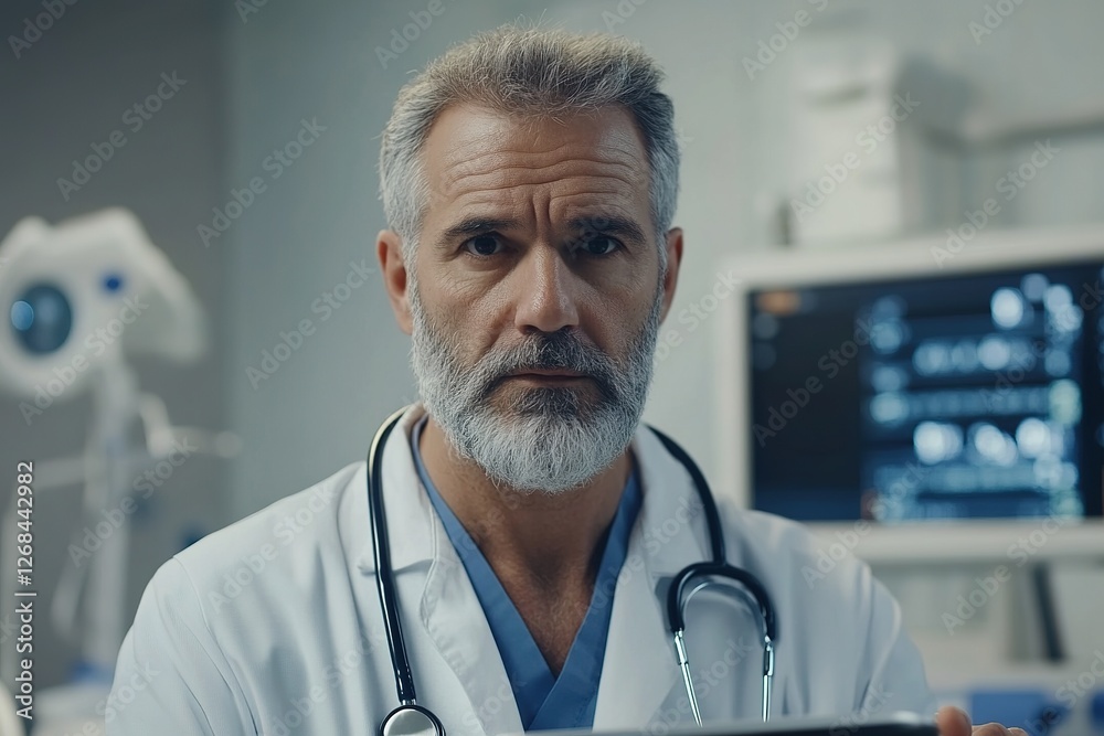 Doctor in a modern hospital using a digital tablet to review patient data Doctor in a modern hospital using a digital tablet to review patient data