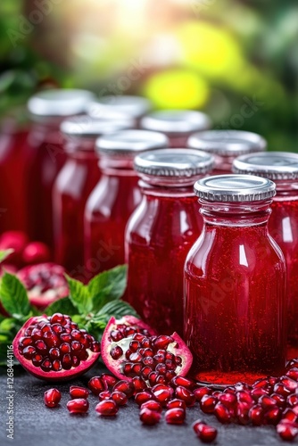 Fresh Ruby Red Pomegranate Juice Bottles with Fruit on Table photo