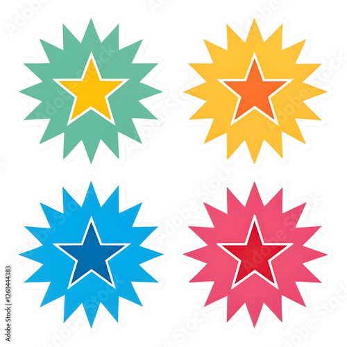Colorful star stickers in four vibrant variations displayed on a transparent background