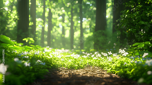 Sunlit Forest Path with White Flowers