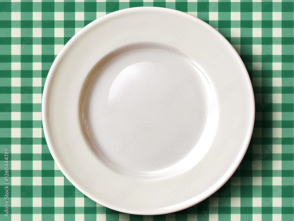 Empty white plate on plaid tablecloth Empty white plate on plaid tablecloth