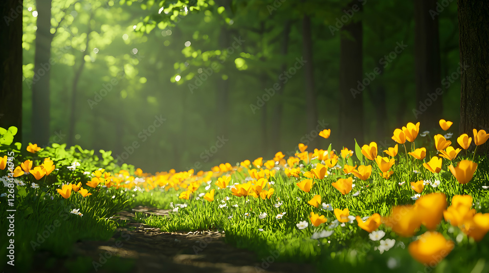Obraz premium Sunlit Forest Path with Yellow Flowers