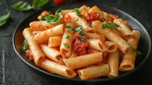 Pasta penne with fresh tomato sauce and basil leaves