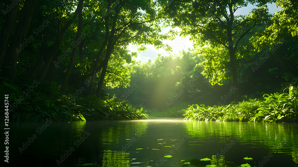 Fototapeta premium Sunlit Forest River Scene