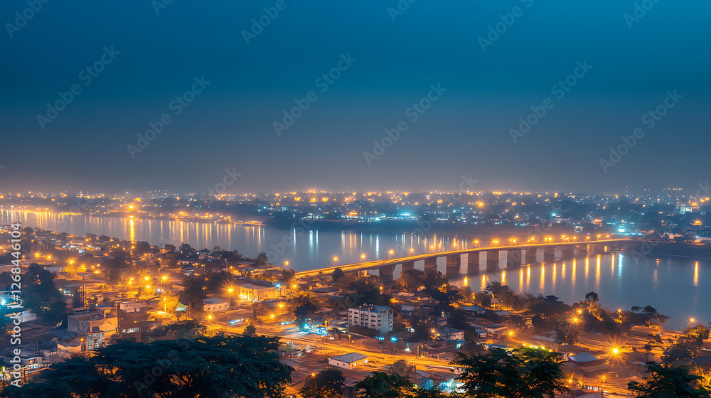 Naklejka premium Serene Night Cityscape with Lit Bridge Over River Reflecting Lights at Dusk or Dawn Panorama