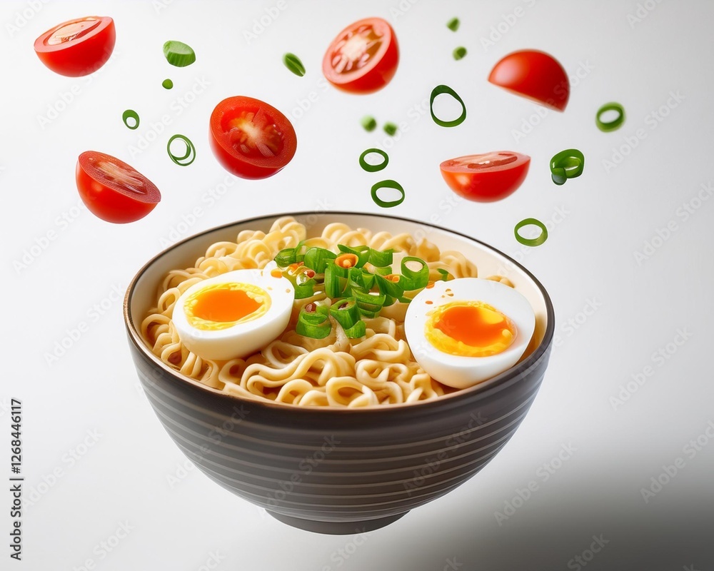 a bowl of noodles with tomatoes and flying eggs on a white background a bowl of noodles with tomatoes and flying eggs on a white background