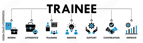 Trainee banner web icon vector illustration concept for internship training and learning program apprenticeship with an icon of intern, apprentice, training, mentor, support, cooperation and improve
