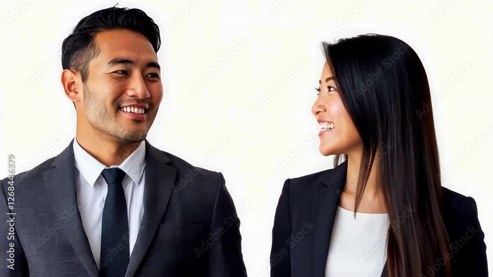 Two office workers, one male and one female, smiling at the camera while wearing business suits, generative AI Two office workers, one male and one female, smiling at the camera while wearing business suits, generative AI