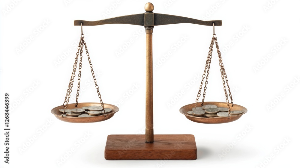Coins are evenly balanced on both sides of a scale, representing fairness in wealth distribution. The setting is simple, focusing on the concept of financial stability and equality Coins are evenly balanced on both sides of a scale, representing fairness in wealth distribution. The setting is simple, focusing on the concept of financial stability and equality